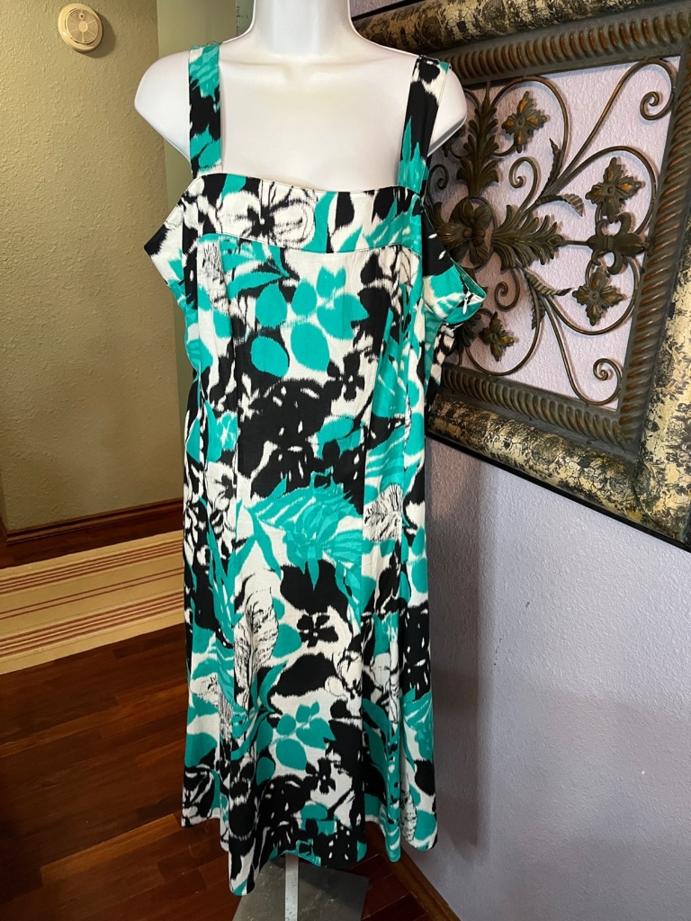 Turquoise Black White Abstract Floral Sundress  by SURE Sz 18